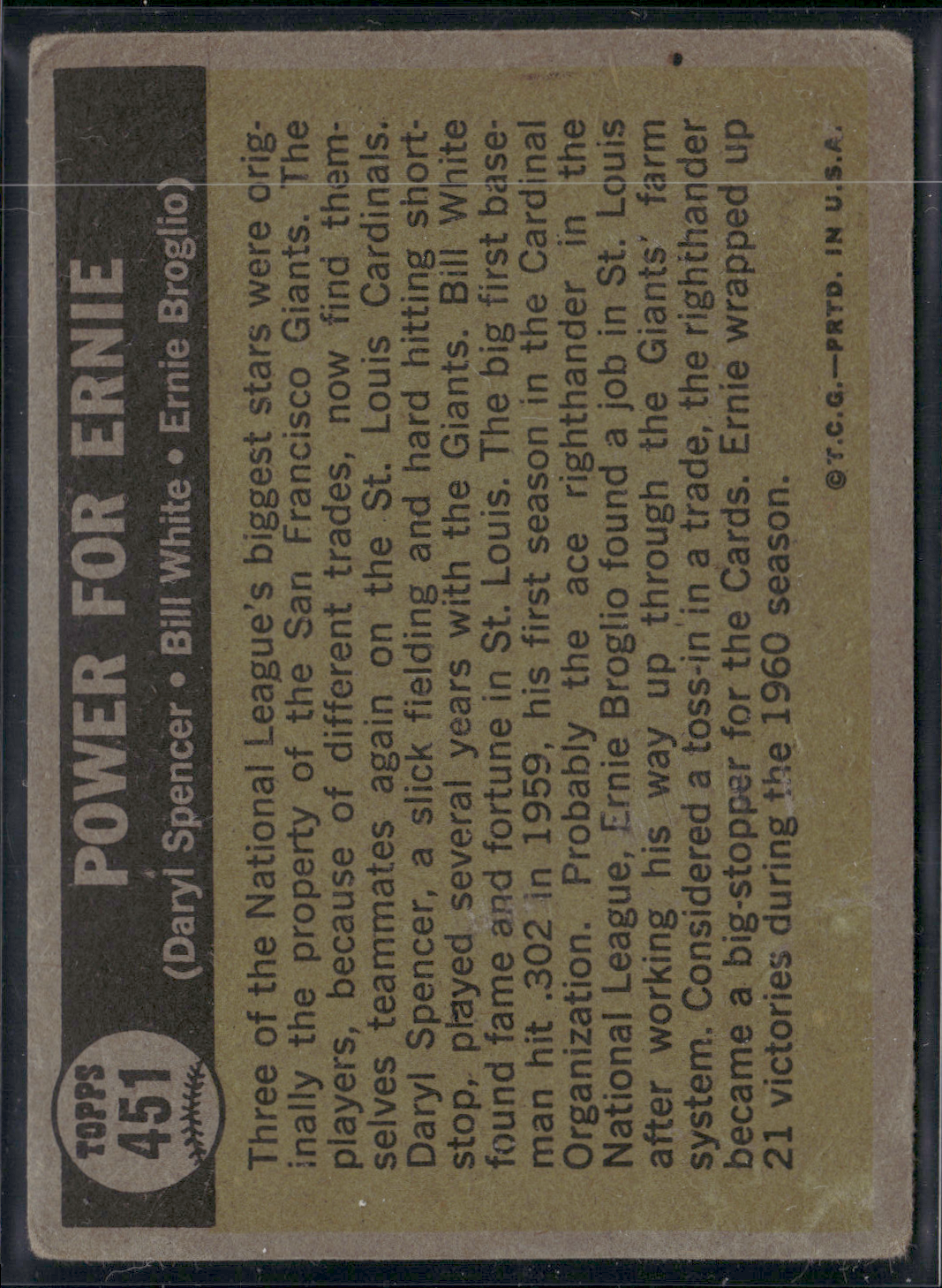 1961 Topps ERNIE BOGLIO/BILL WHITE/DARYL SPENCER #451 Power For Ernie (VG)