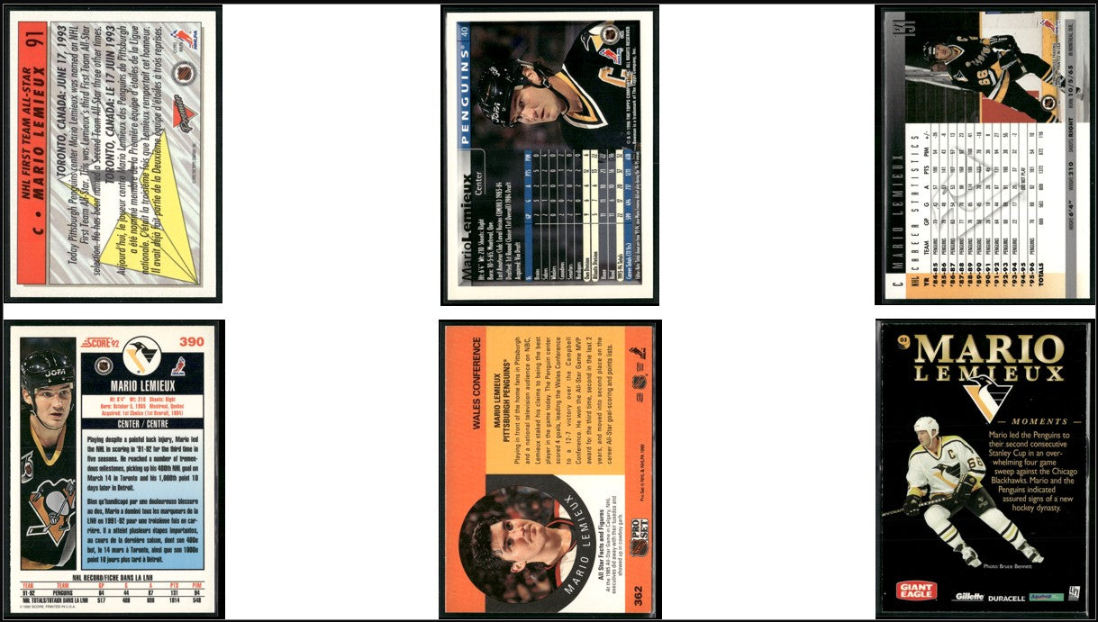 1990 MARIO LEMIEUX 6 CARDLOT Mario Lemieux 90 Pro Set 92 Score (EX-EX/MT)