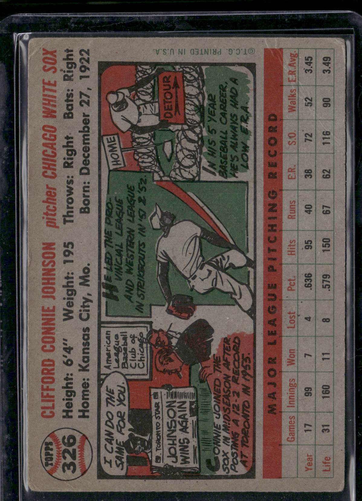 1956 Topps CONNIE JOHNSON #326 Creases