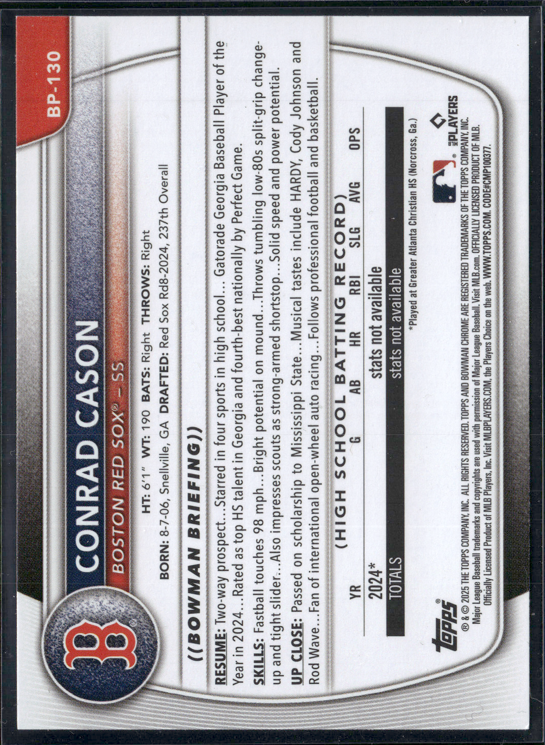 2025 Bowman CONRAD CASON #BP-130 1st Bowman