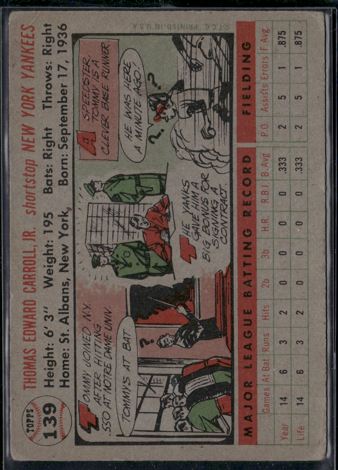 1956 Topps TOMMY CARROLL #139