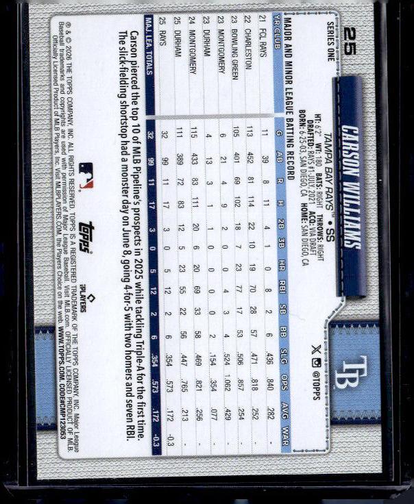 2026 Topps Series 1 CARSON WILLIAMS #25 Rookie RC