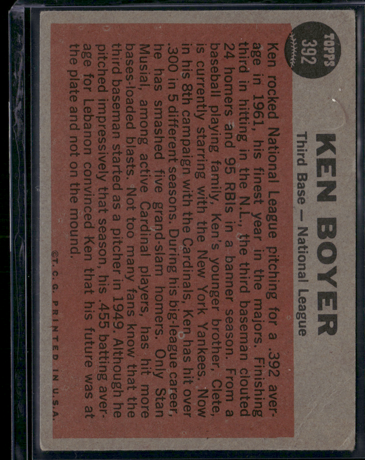 1962 Topps KEN BOYER #392 NL ALL STAR