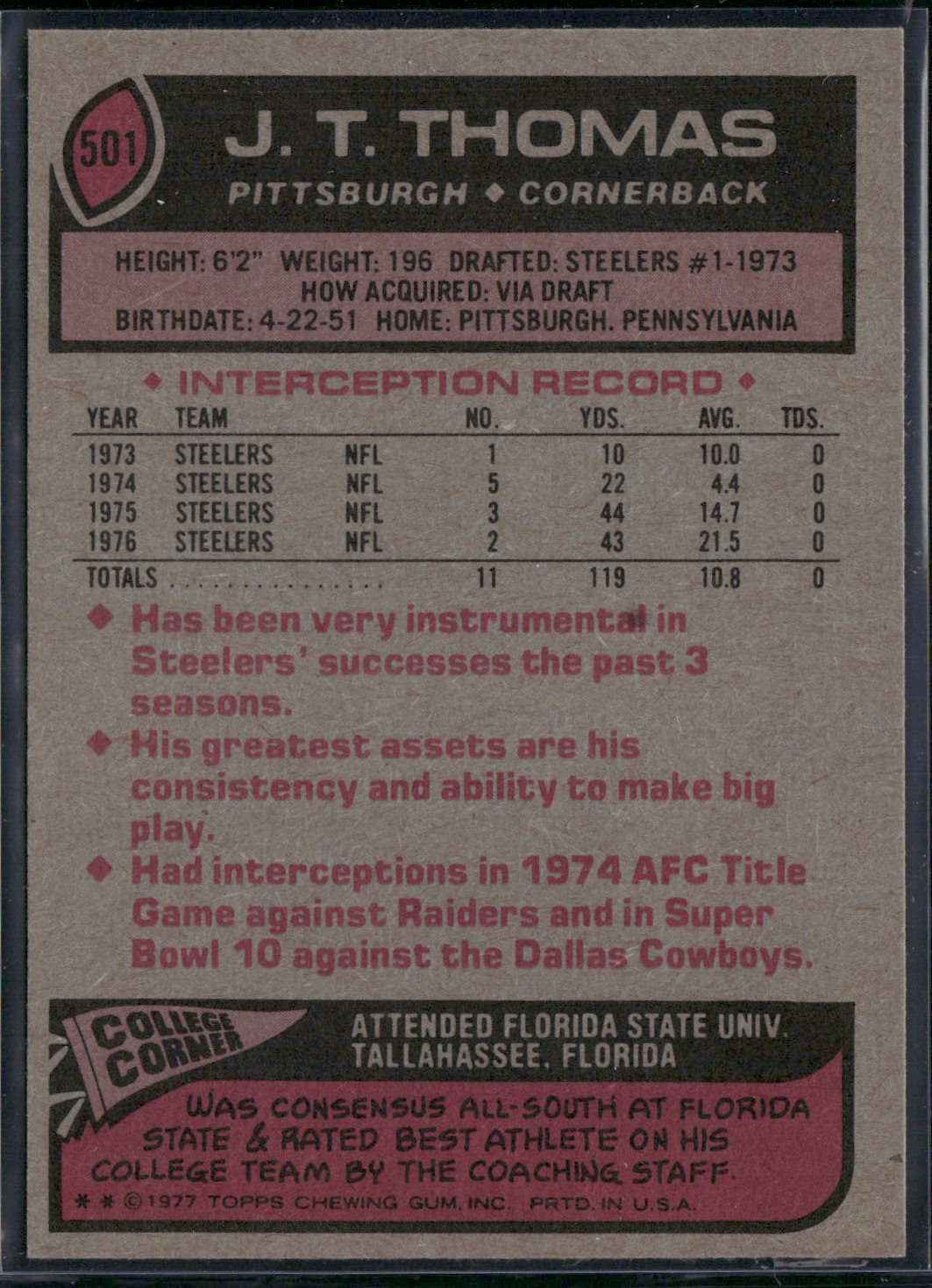 1977 Topps J.T. THOMAS #501 (NM)