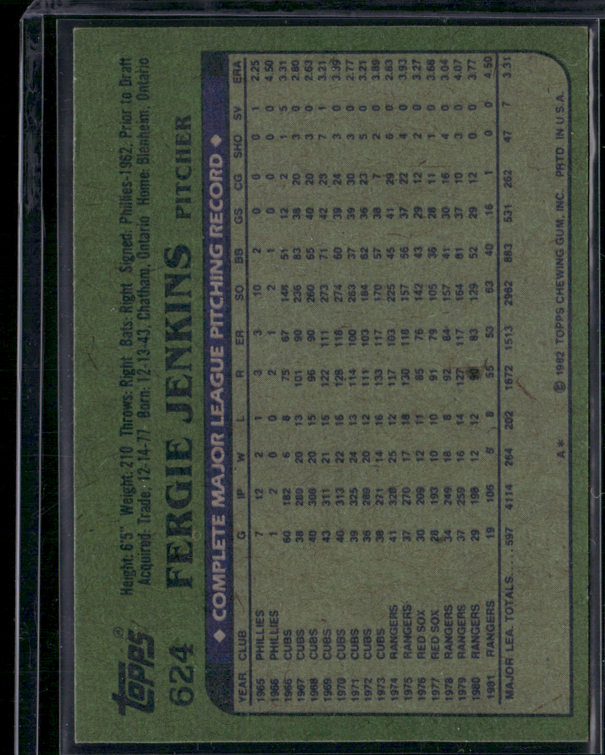 1982 Topps FERGIE JENKINS #624 Grain Raise (EX)