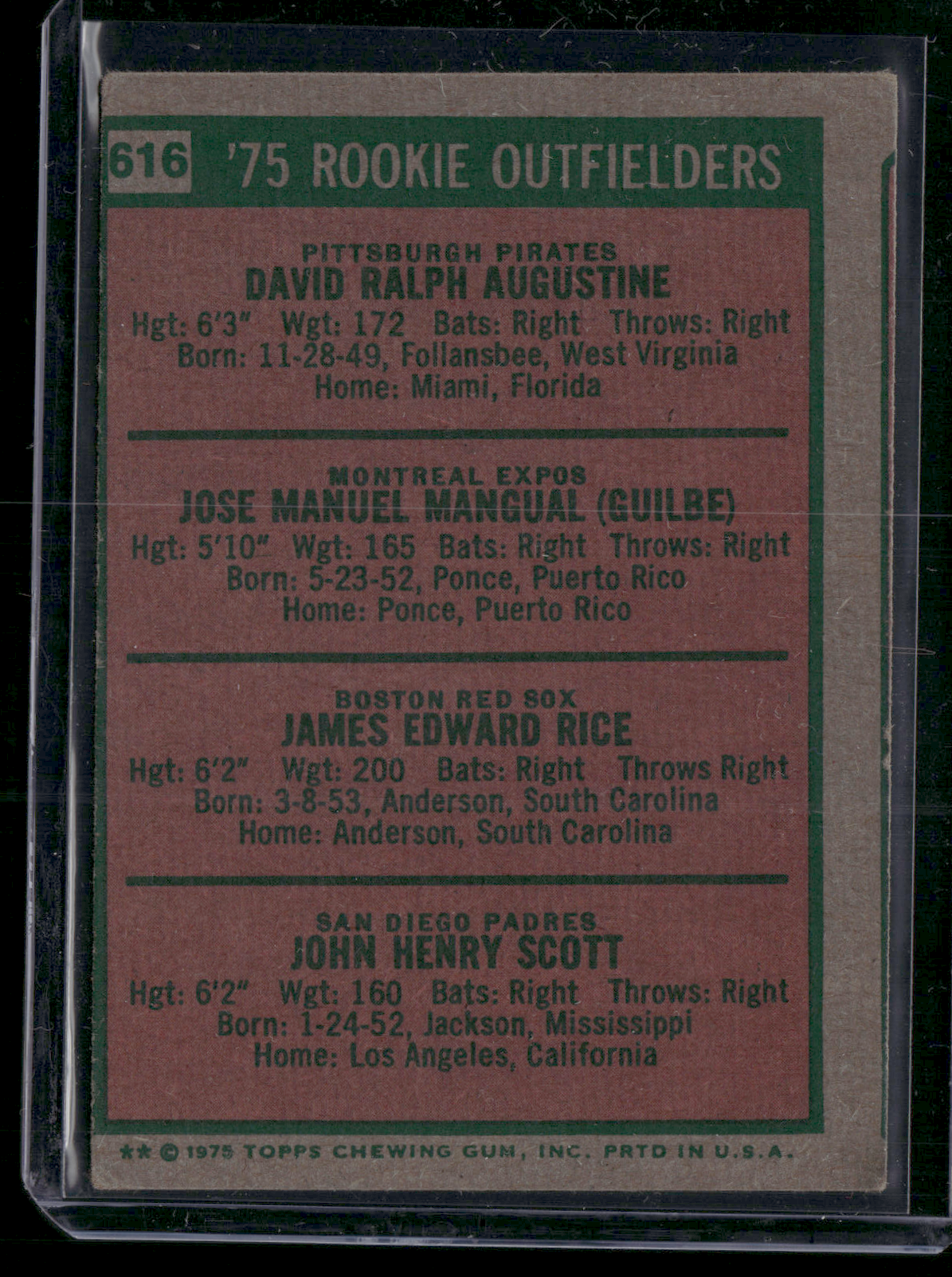 1975 Topps JIM RICE #616 Rookie Outfielders Rookie RC (VG-VG/EX)