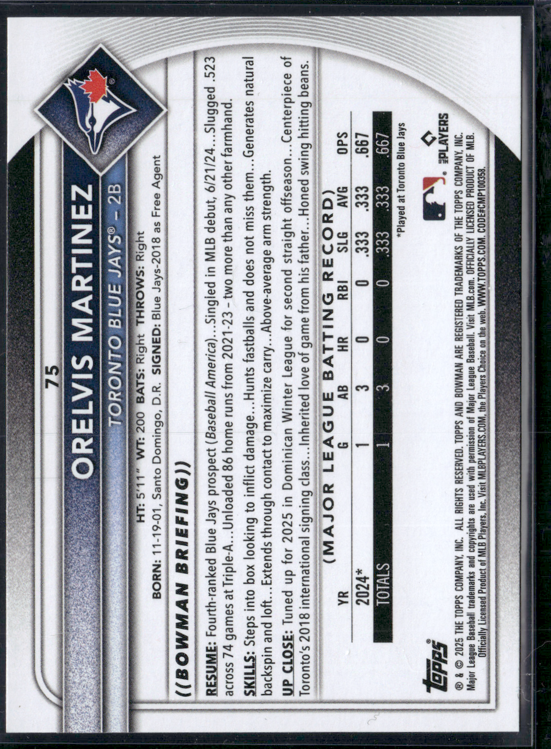 2025 Bowman ORELVIS MARTINEZ Rookie Card RC #75