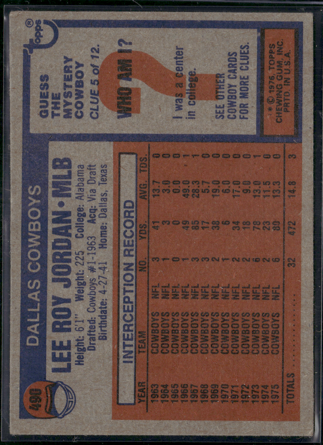 1976 Topps LEE ROY JORDAN #490 All Pro (EX)