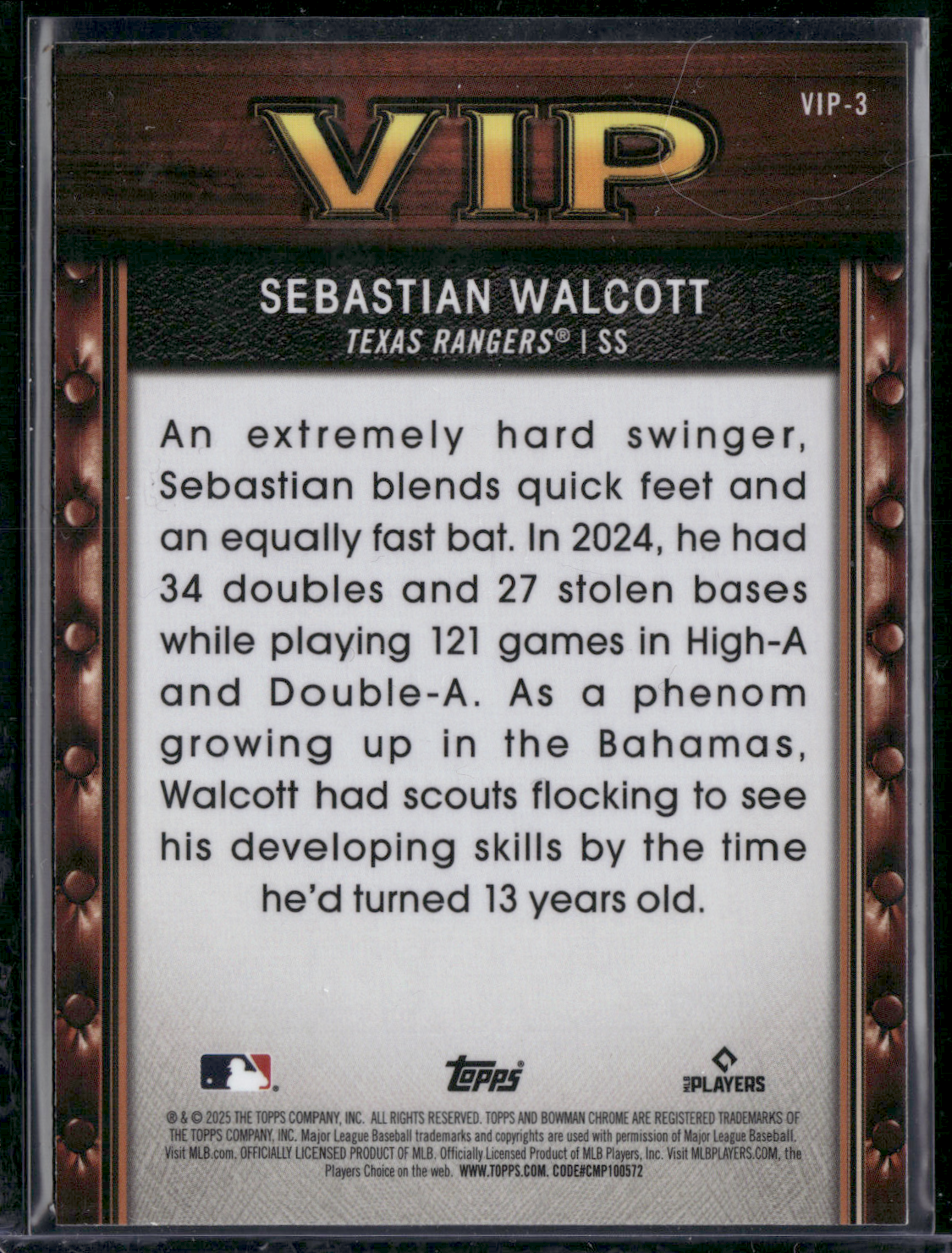 2025 Bowman SEBASTIAN WALCOTT #VIP-3 Very Important Prospect Chrome