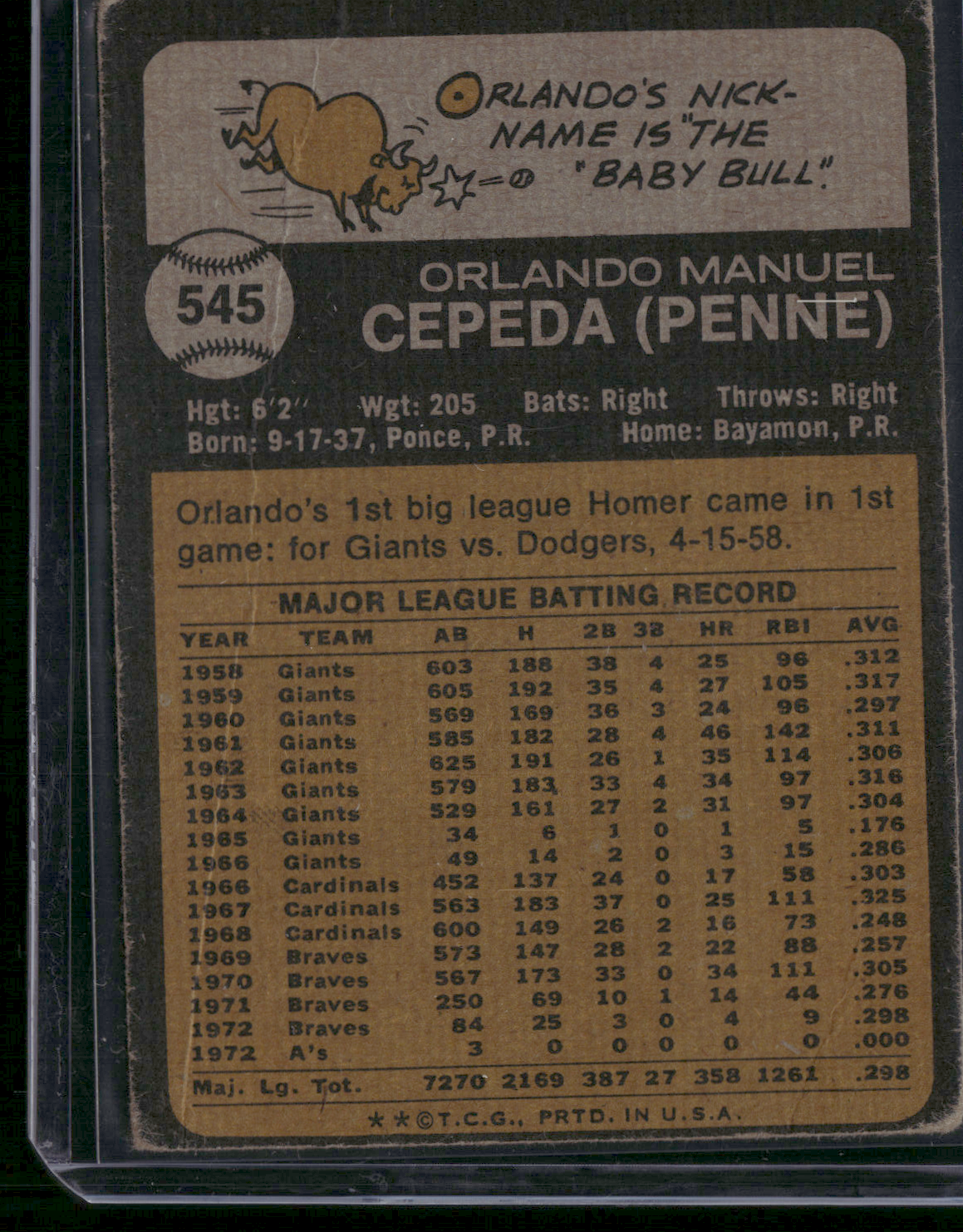1973 Topps ORLANDO CEPEDA #545 Wrinkles (Good)