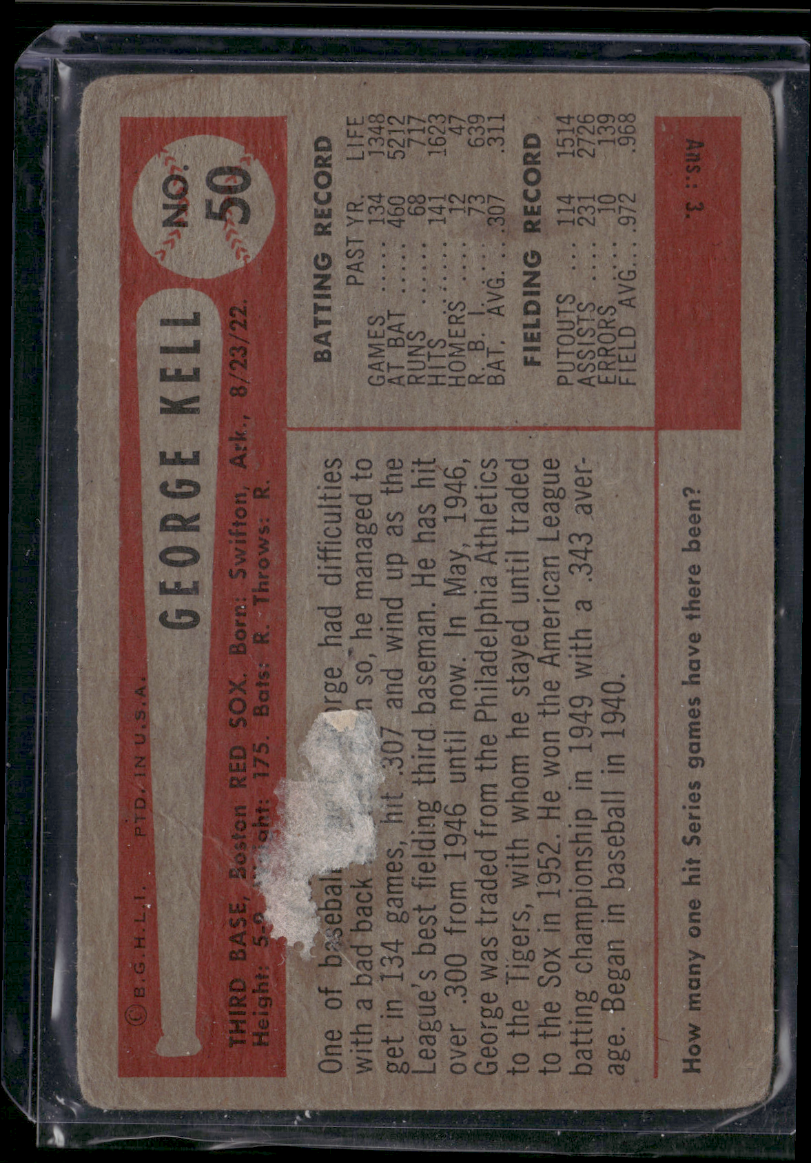 1954 Bowman GEORGE KELL #50 Paper Glued on Back (Poor)