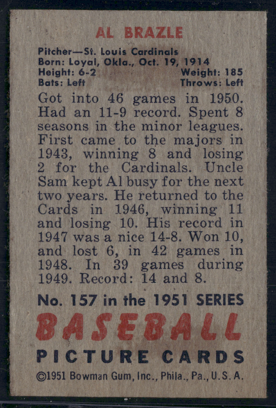 1951 Bowman AL BRAZLE #157 Staining on Back Light Wrinkle (VG)