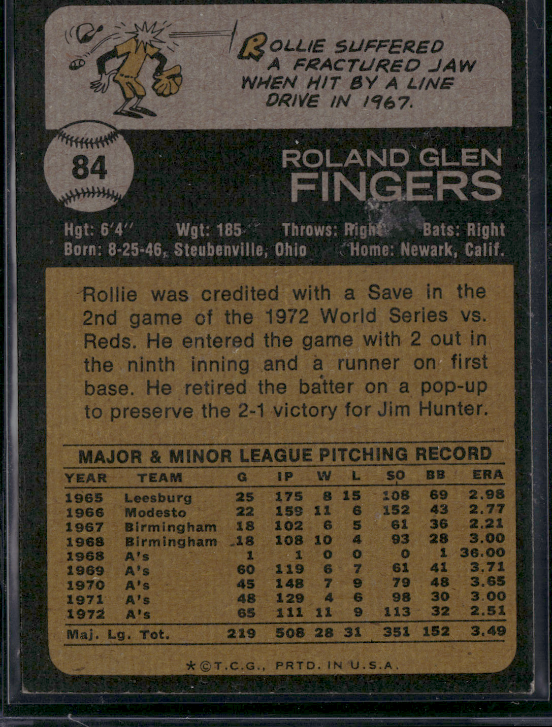 1973 Topps ROLLIE FINGERS #84 Light Stain on Back (VG)