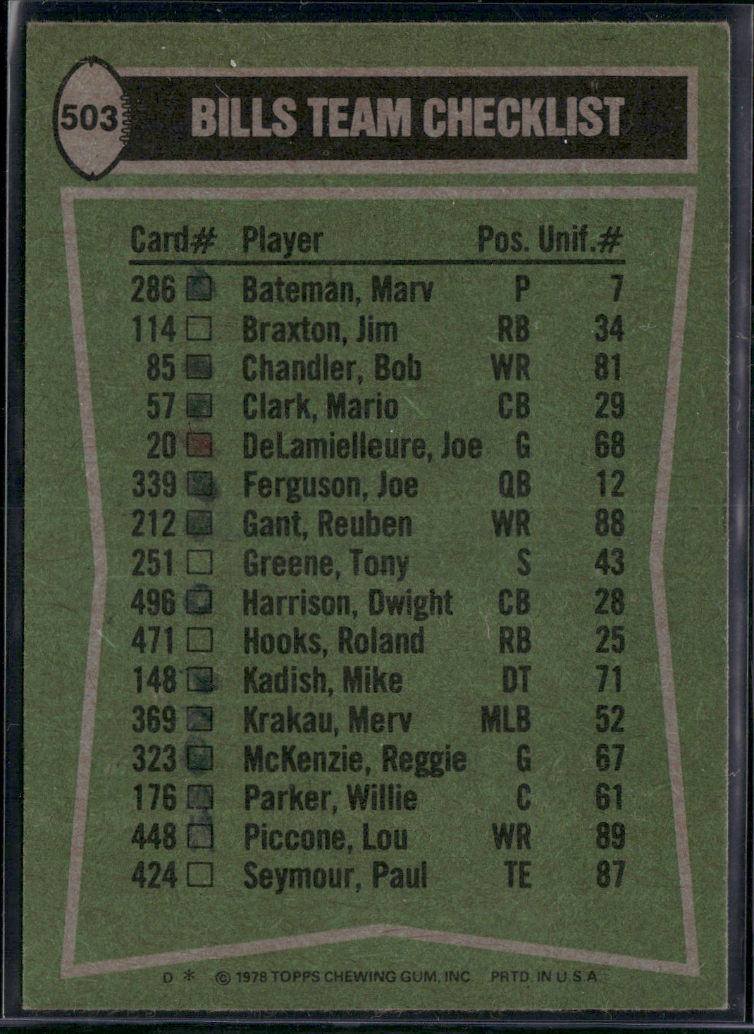 1978 Topps BILLS TEAM LEADERS - O.J. SIMPSON #503 Ink on Back (EX)
