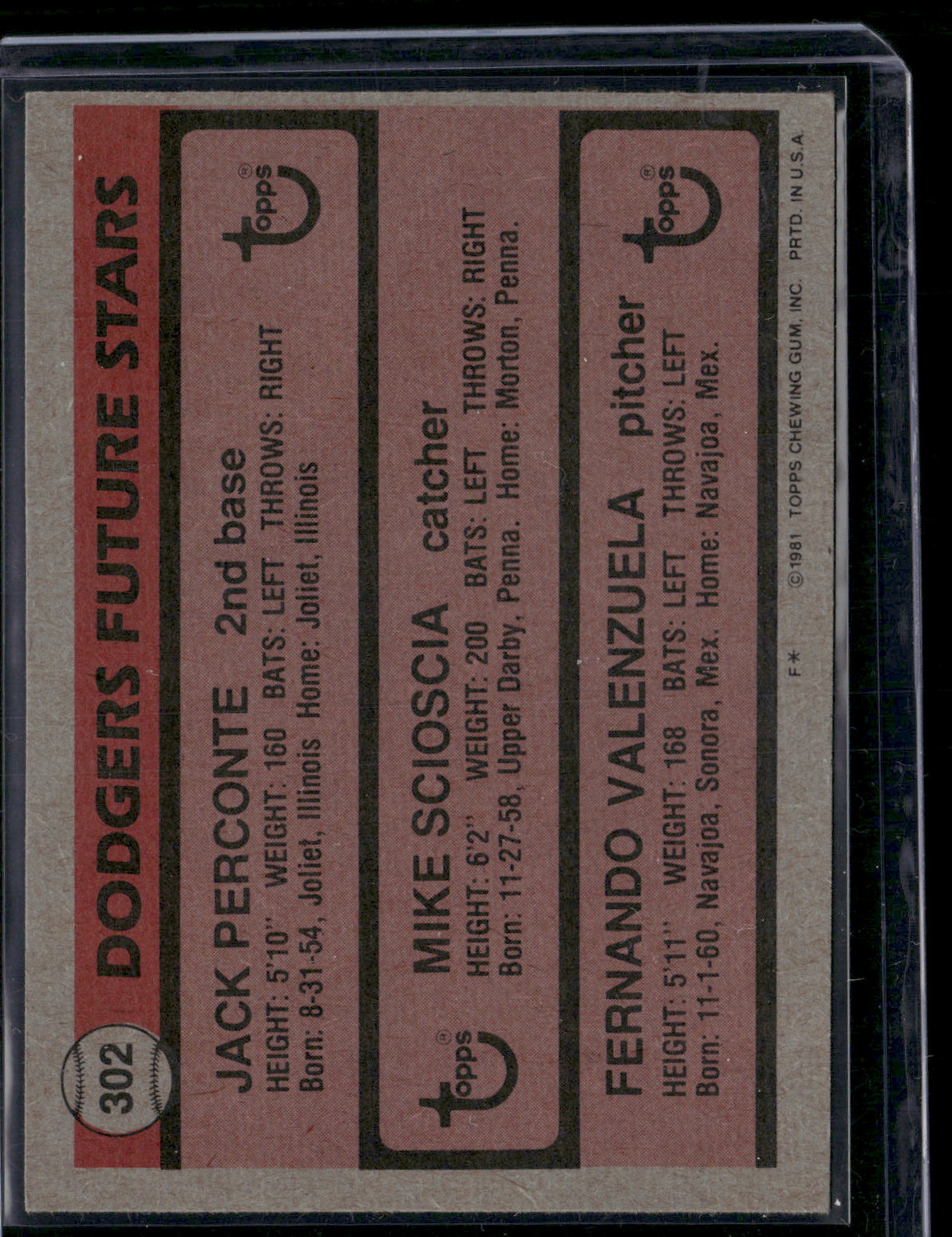 1981 Topps FERNANDO VALENZUELA/SCIOSCIA/PERCONTE #302 Dodgers Future Stars (VG)
