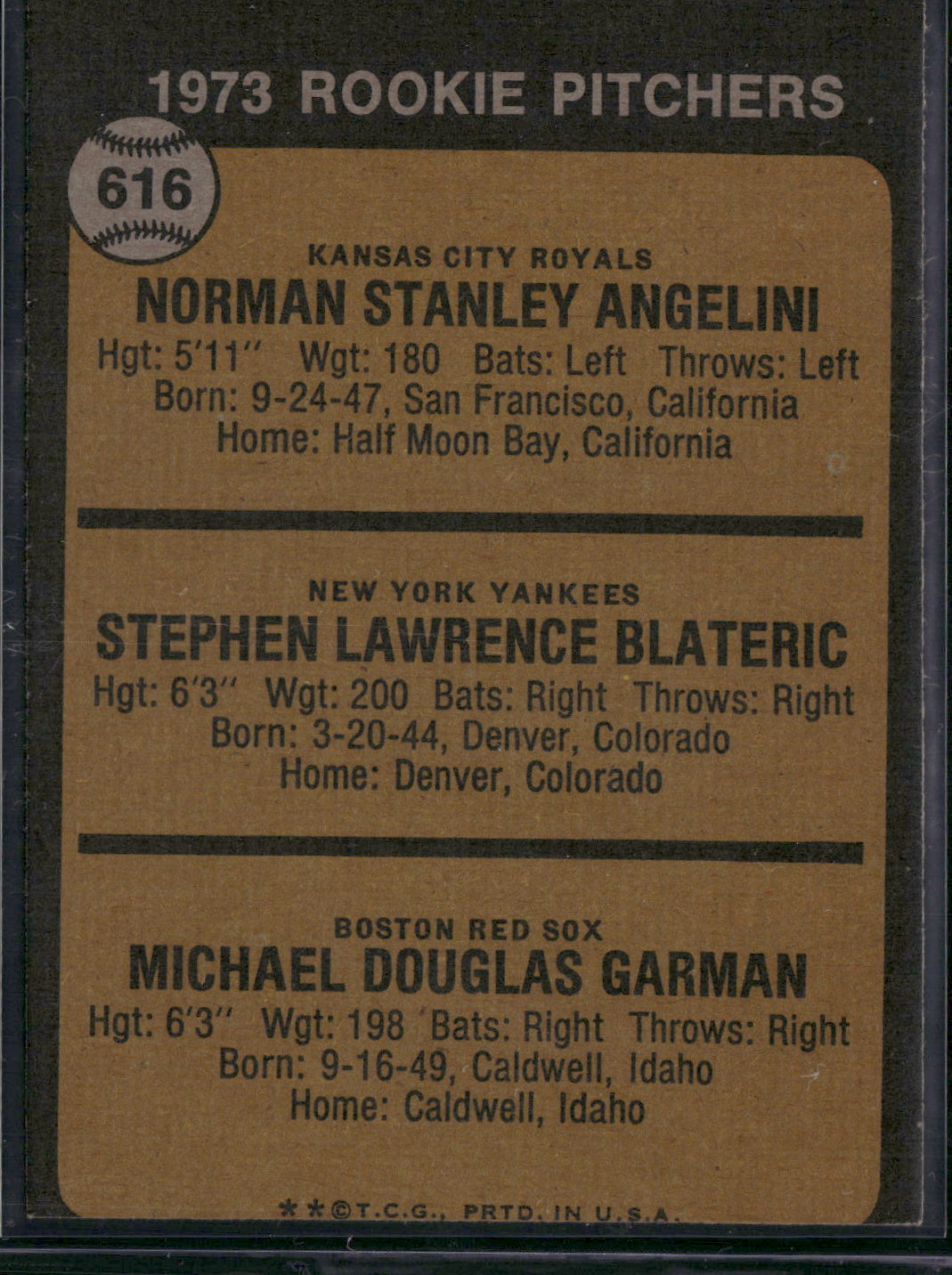 1973 Topps ANGELINI/BLATERIC/GARMAN #616 1973 Rookie Pitchers (EX)