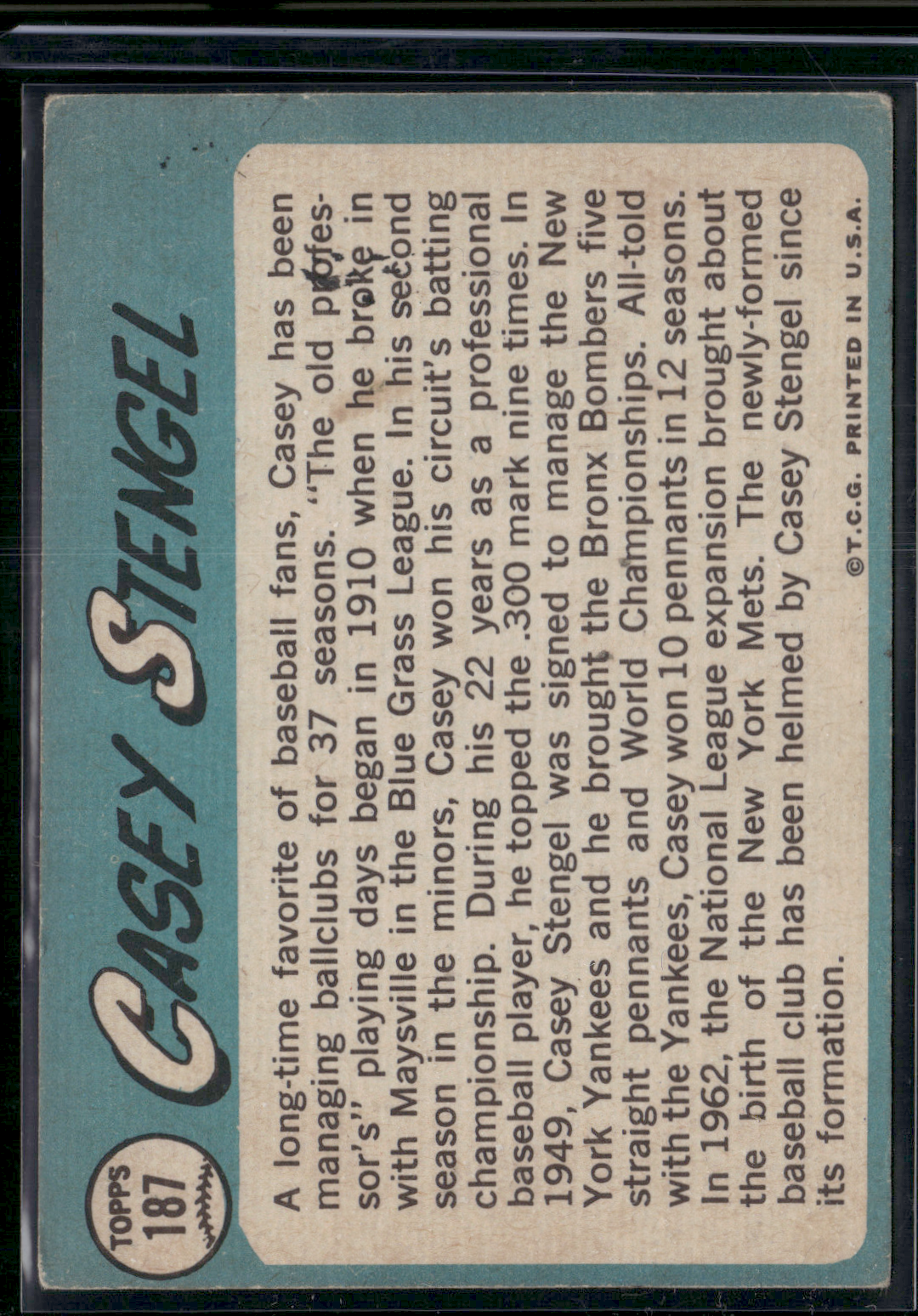 1965 Topps CASEY STENGEL #187 Staining on Back (VG/EX)