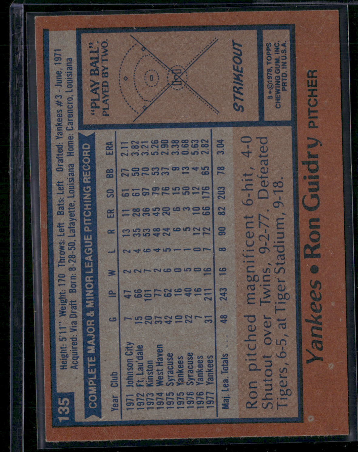 1978 Topps RON GUIDRY #135 (EX/MT)