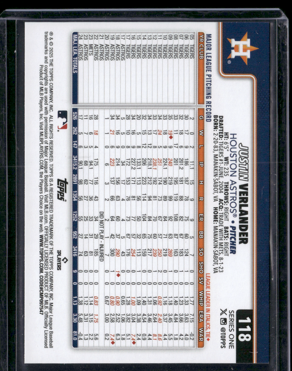 2025 Topps Series 1 JUSTIN VERLANDER #118 Glitter Refractor