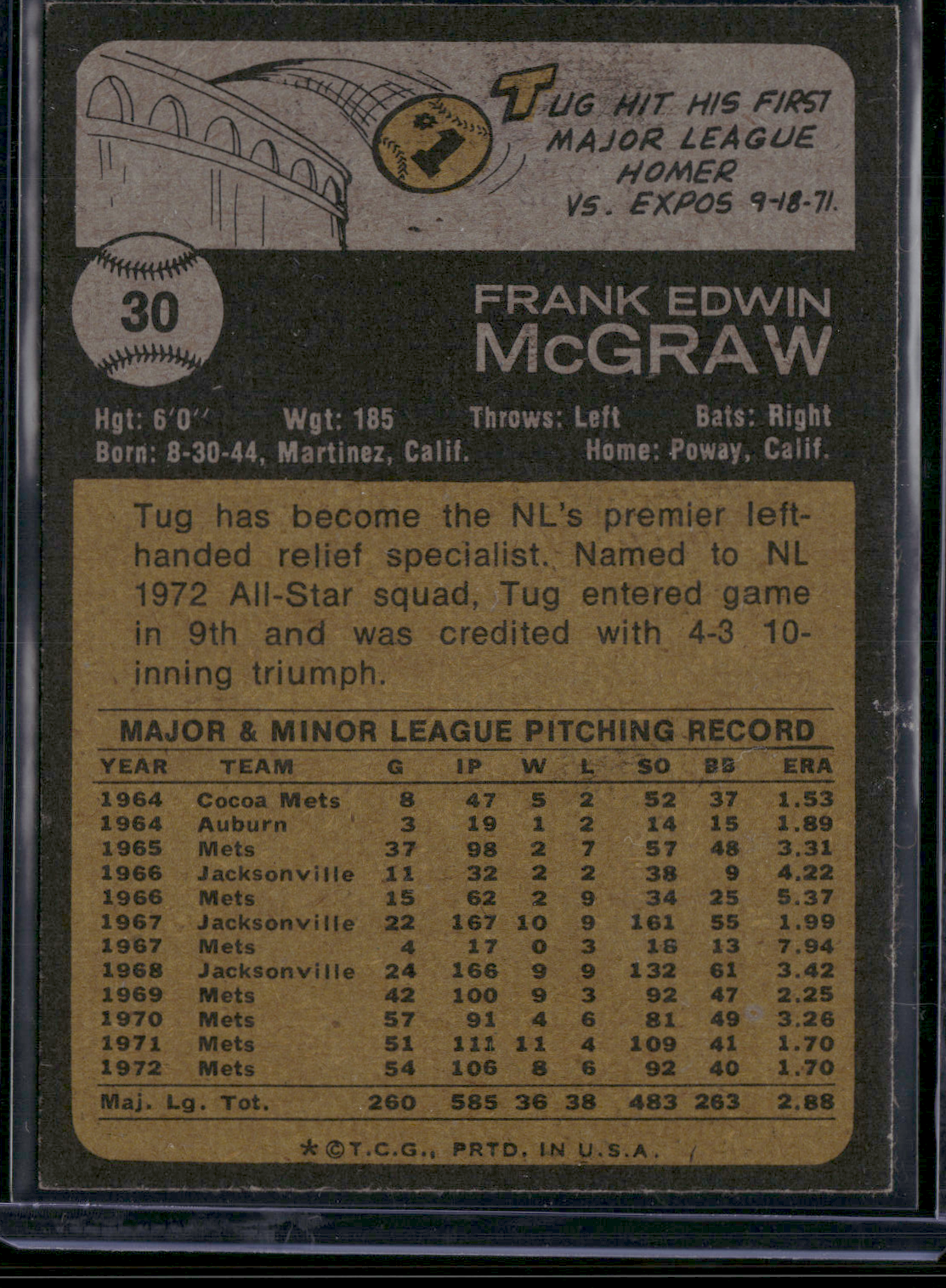 1973 Topps TUG MCGRAW #30 Wax Stain (EX)