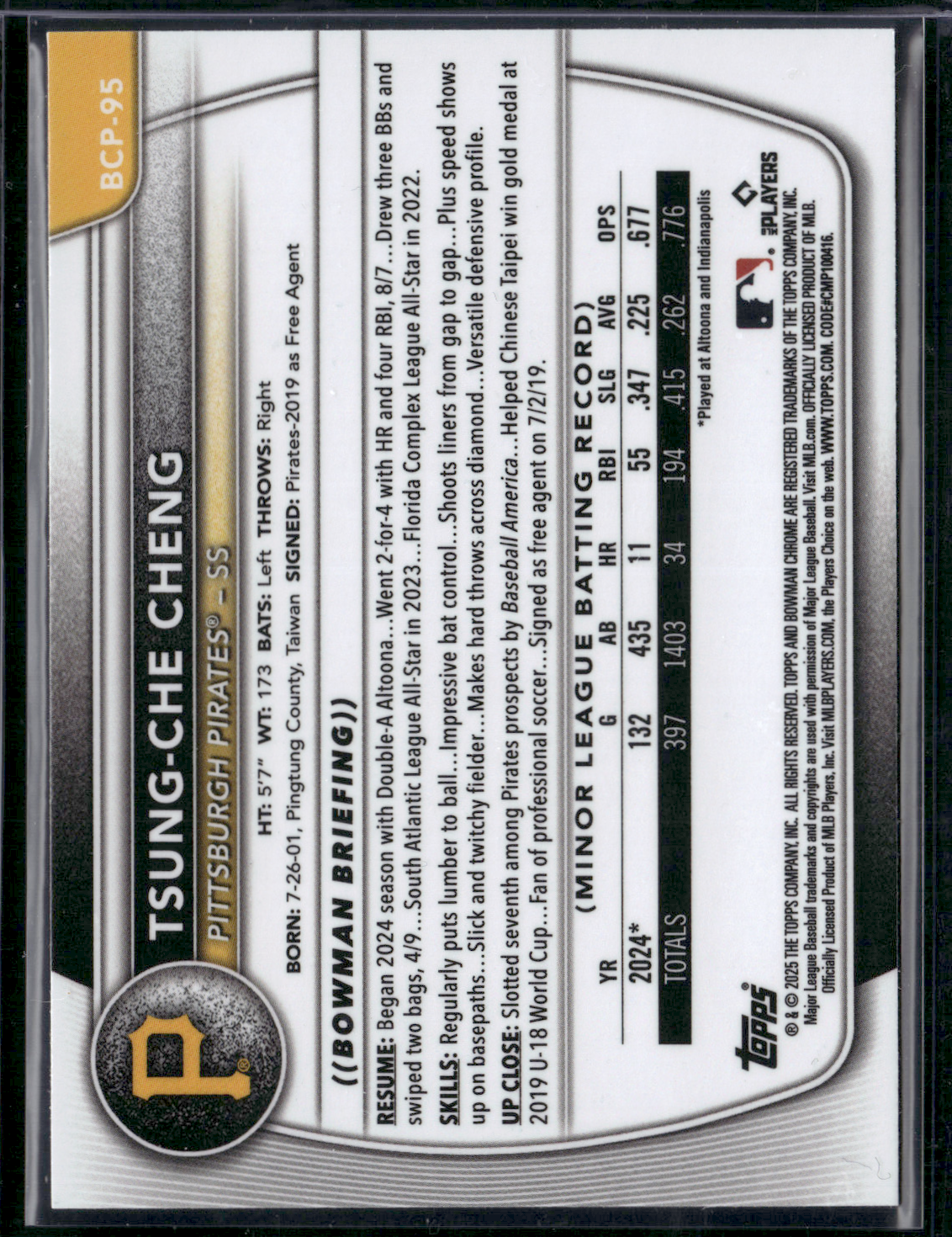 2025 Bowman TSUNG-CHE CHENG #BCP-95 Chrome 1st Bowman