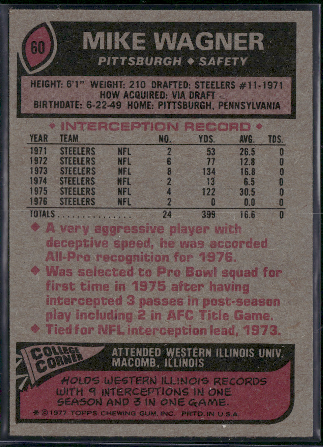 1977 Topps MIKE WAGNER #60 Wax Stains (EX)
