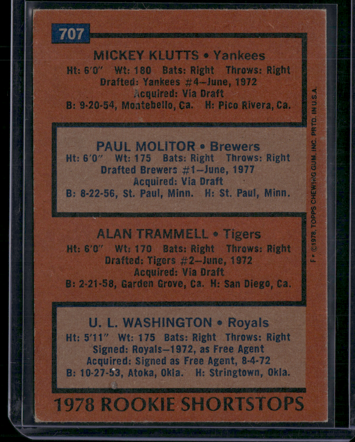 1978 Topps PAUL MOLITOR/TRAMMELL/KLUTTS #707 1978 Rookie Shortstops (VG/EX-EX)