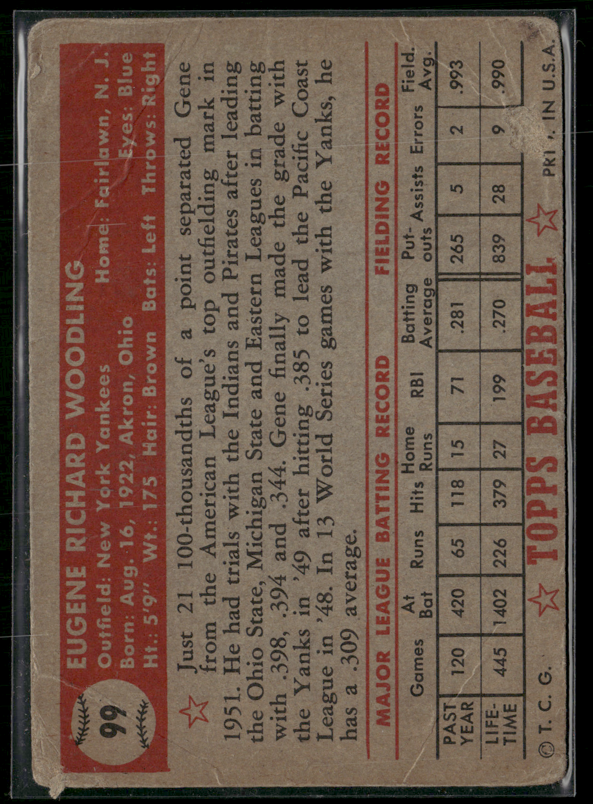 1952 Topps GENE WOODLING #99 Wrinkles Creases (Good)