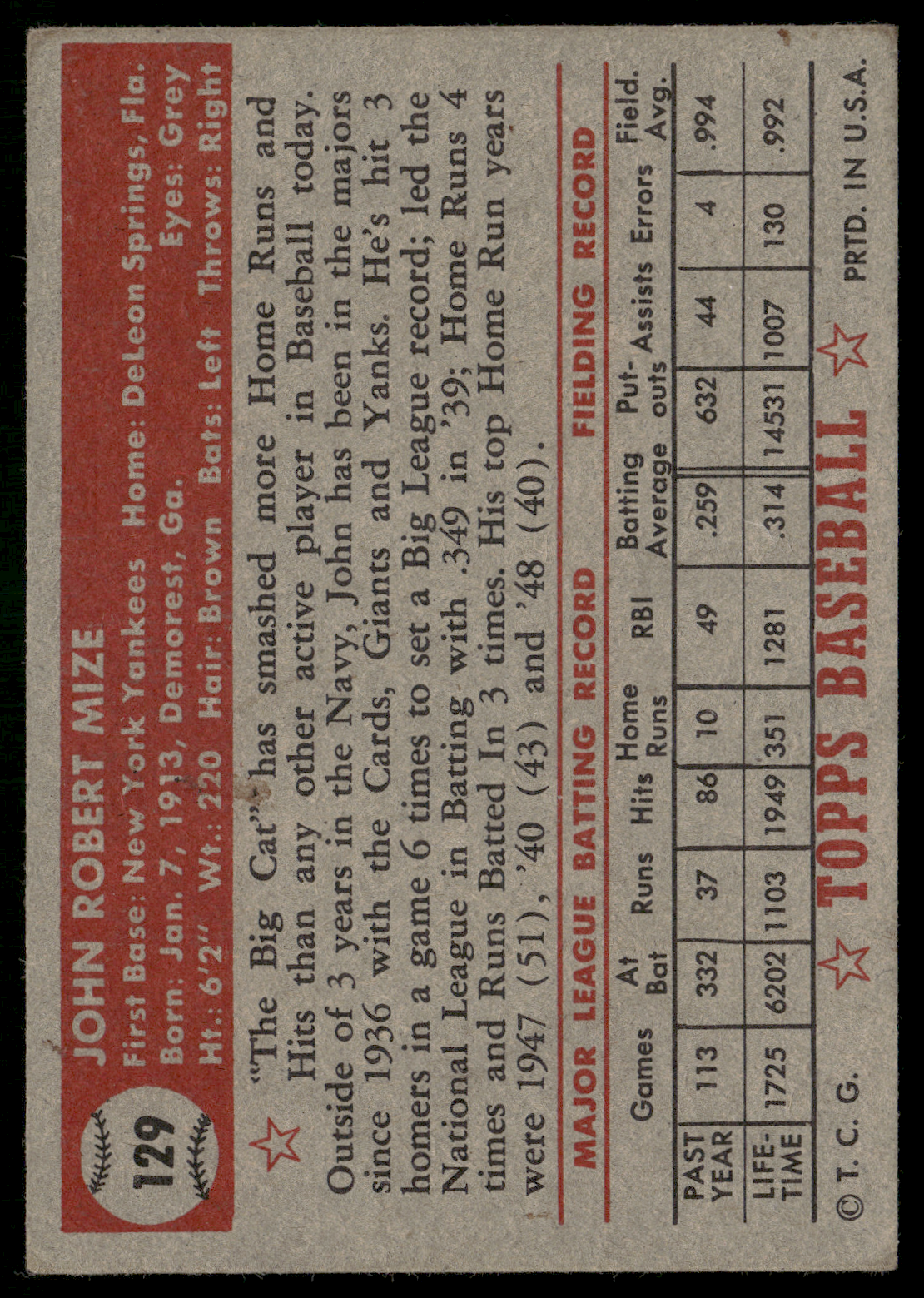 1952 Topps JOHNNY MIZE #129 small paper loss Tape Residue (Fair)