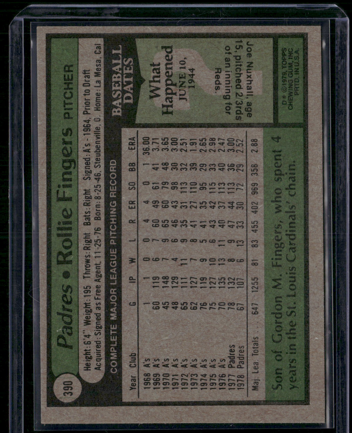 1979 Topps ROLLIE FINGERS #390 Print Snow (EX-EX/MT)