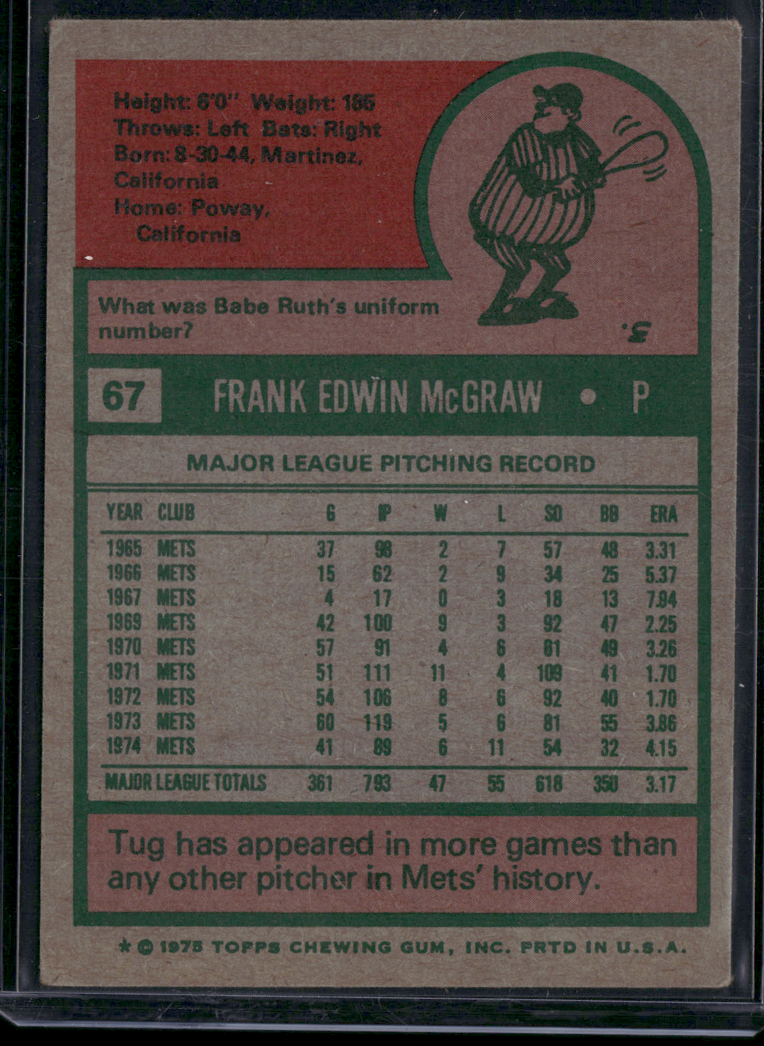 1975 Topps TUG MCGRAW #67 Wrinkles (VG)