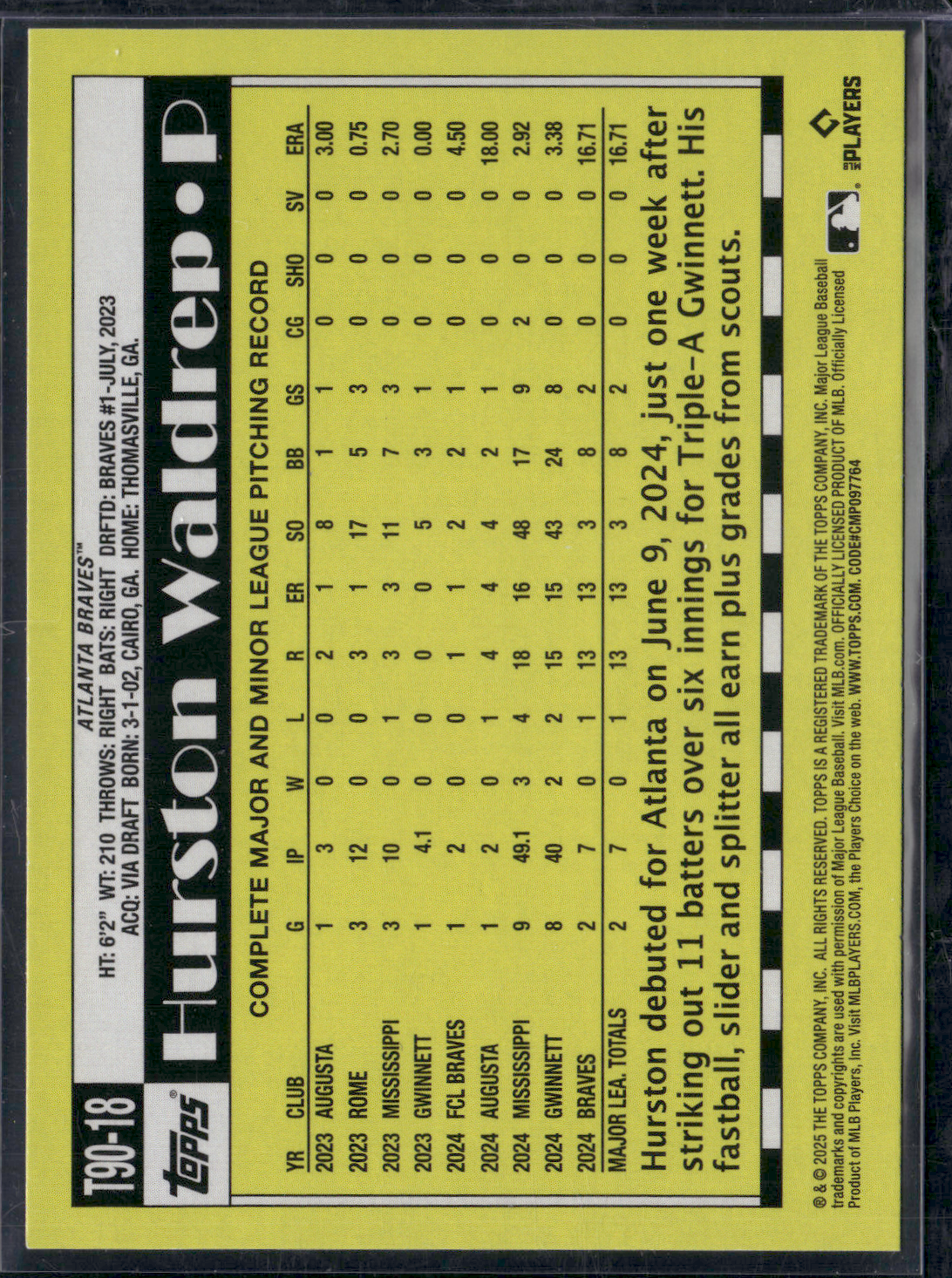2025 Topps Series 1 HURSTON WALDREP #T90-18 1990 Rookie Card