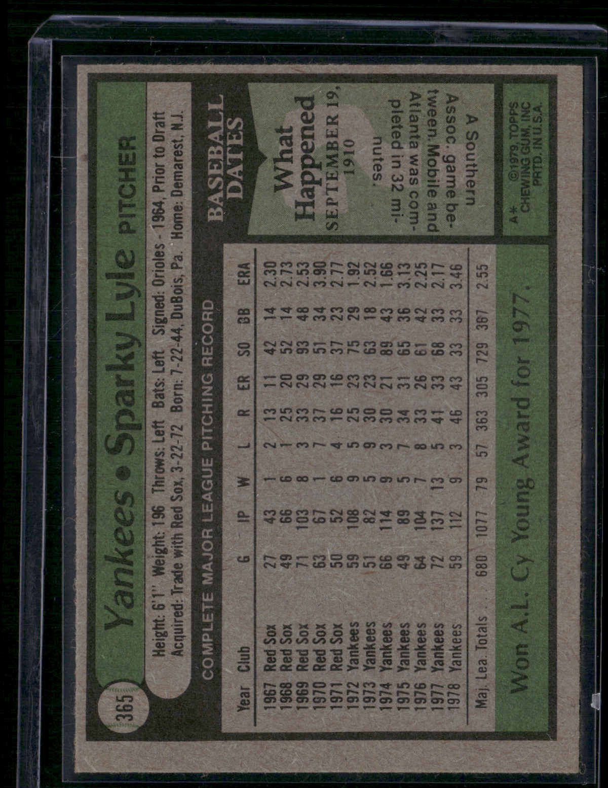 1979 Topps SPARKY LYLE #365 (EX/MT)