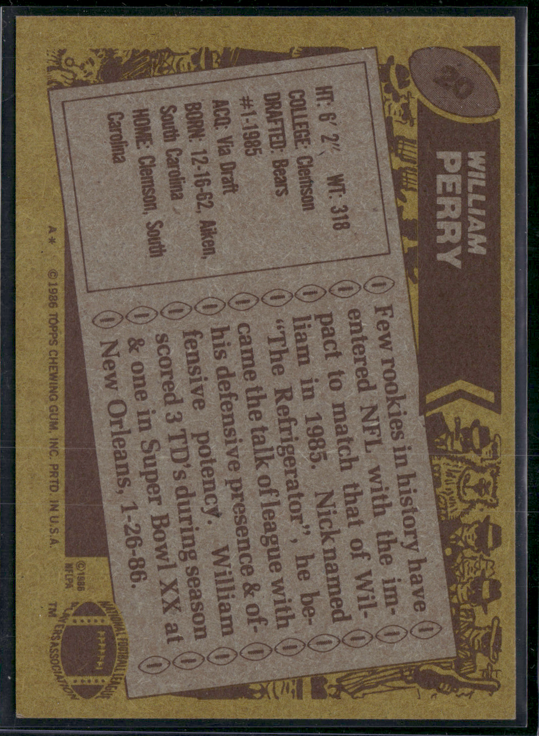 1986 Topps WILLIAM PERRY #20 (EX/MT)