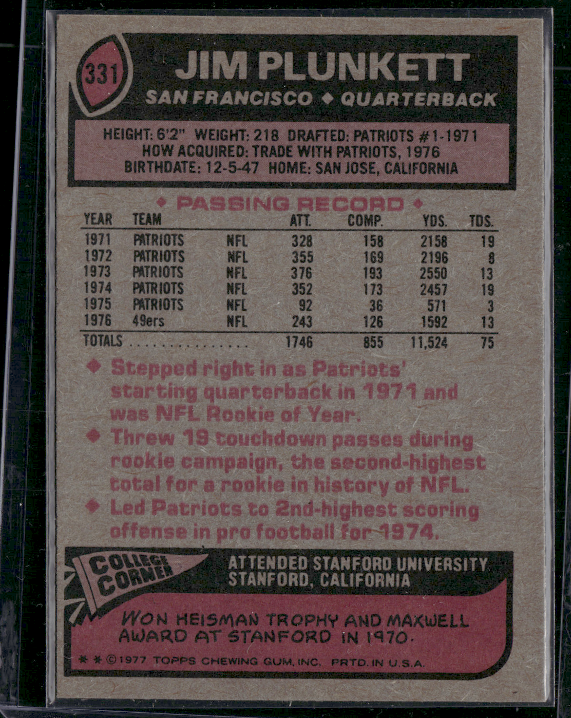 1977 Topps JIM PLUNKETT #331 Print Snow (EX)