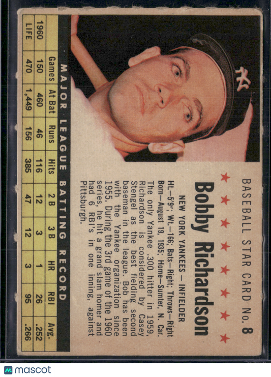 1961 Post Cereal BOBBY RICHARDSON #8 Perforated