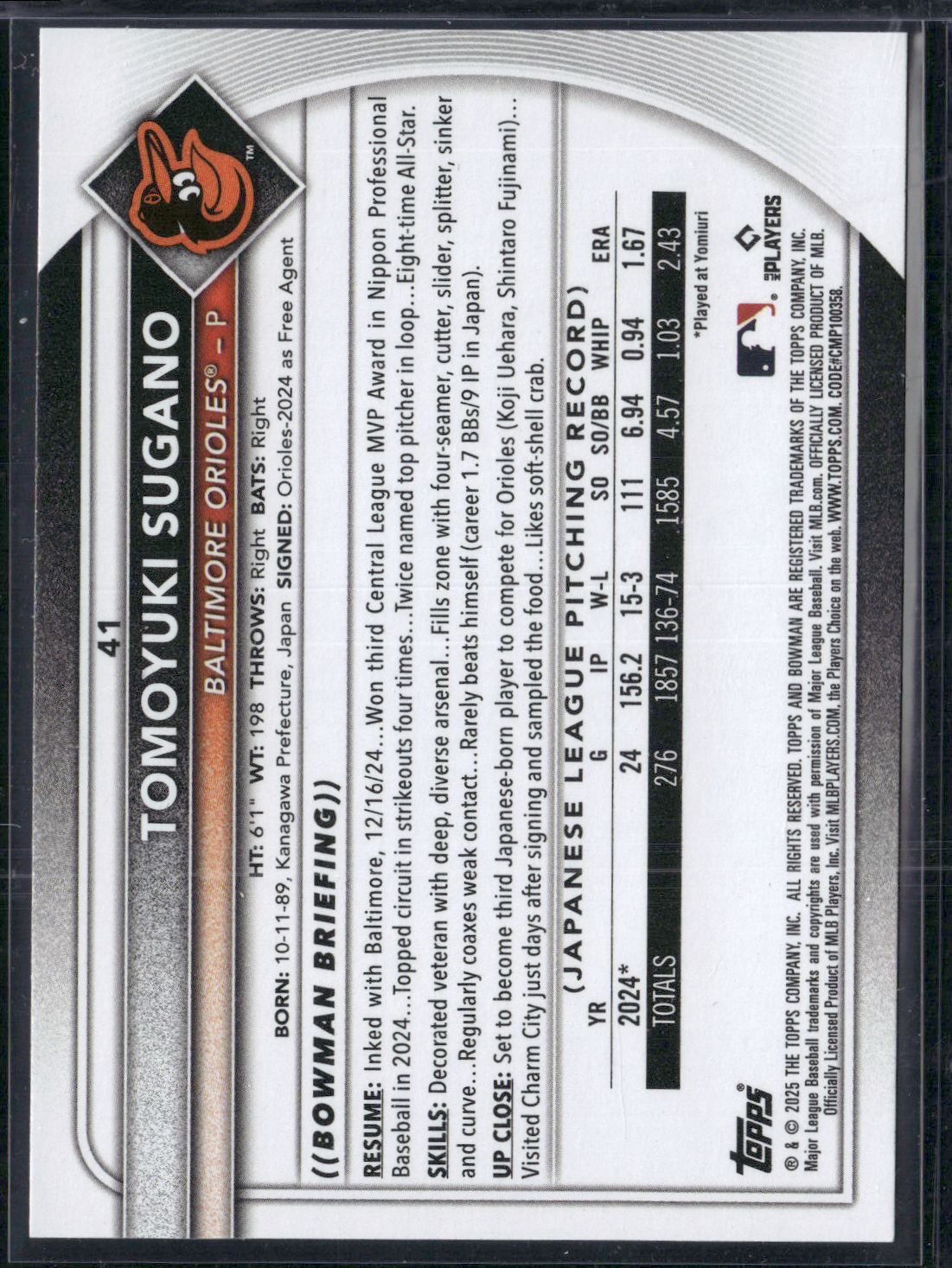 2025 Bowman TOMOYUKI SUGANO Rookie Card RC #41