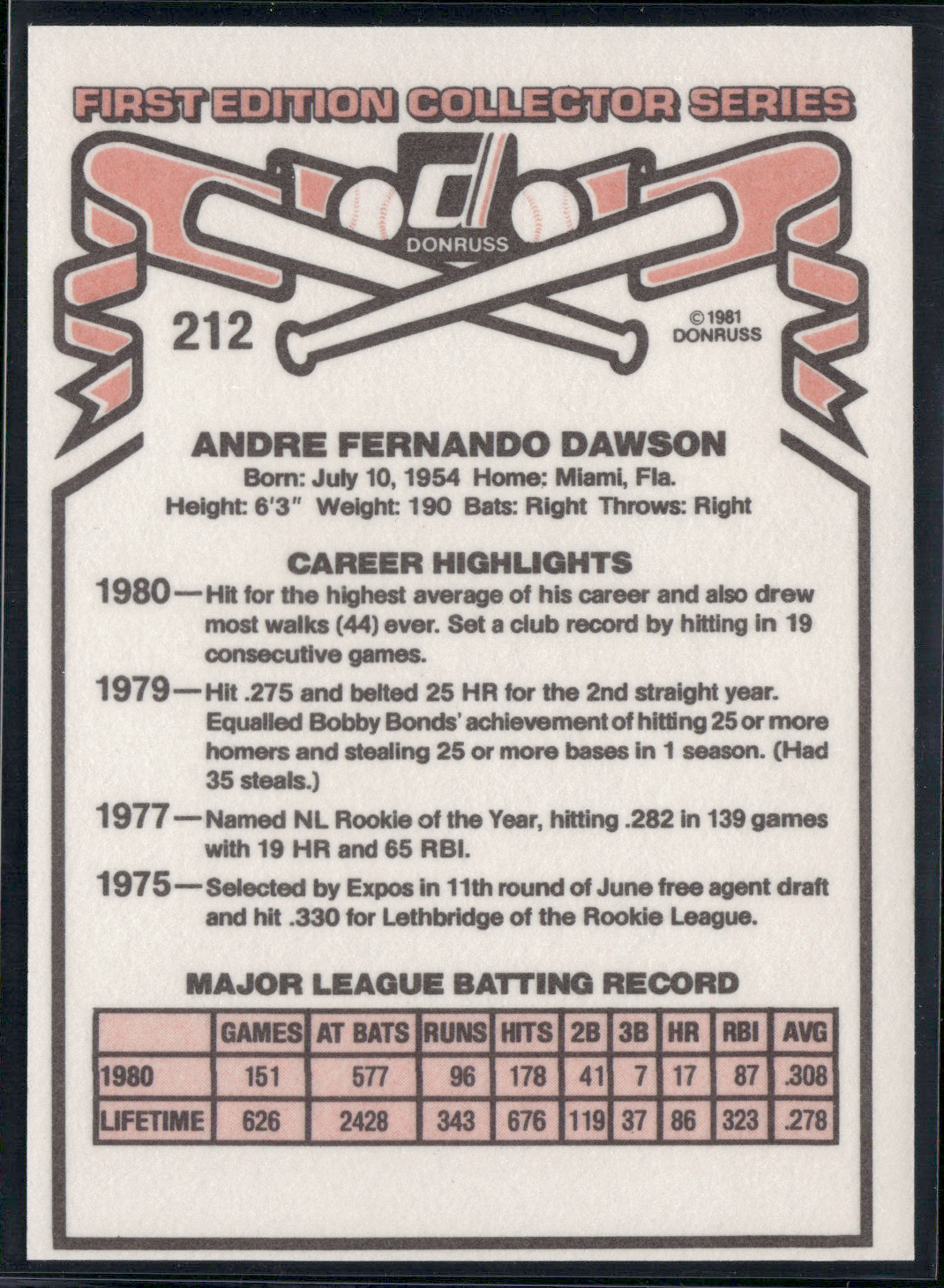 1981 Donruss ANDRE DAWSON #212 (NM)