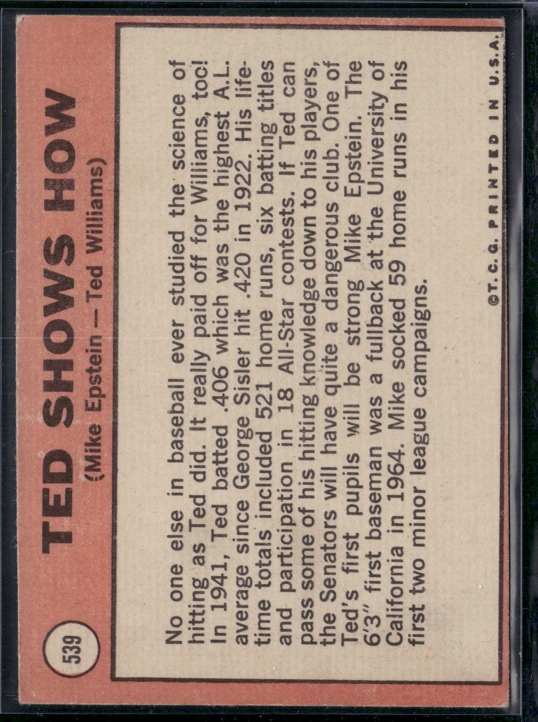1969 Topps TED SHOWS HOW MIKE EPSTEIN/TED WILLIAMS #539