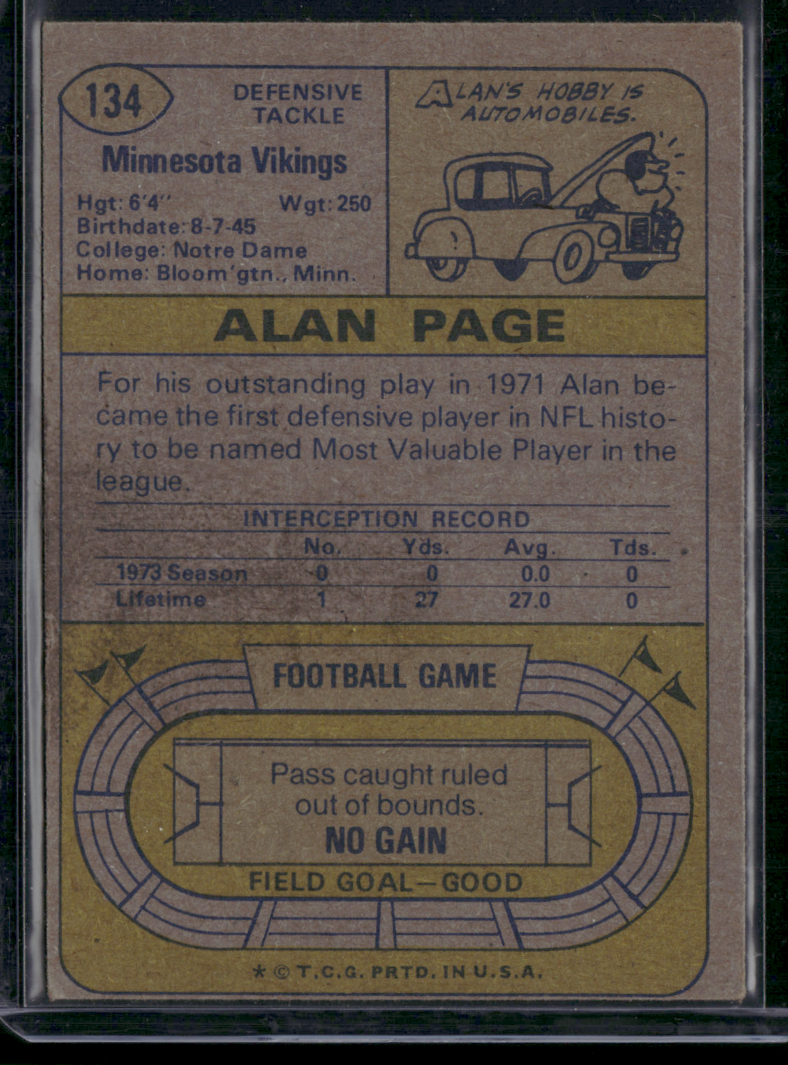 1974 Topps ALAN PAGE #134 Stain on Back (EX)