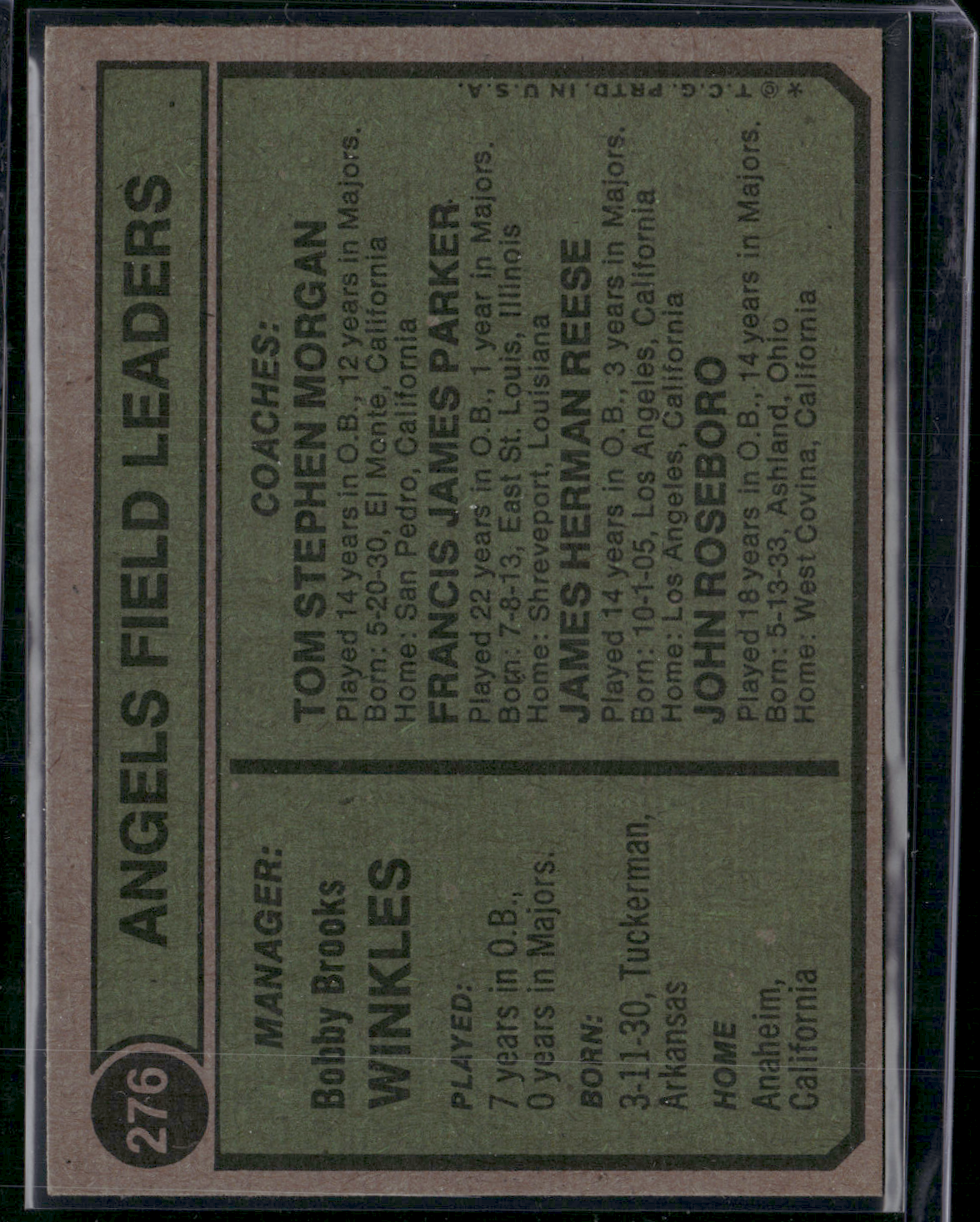 1974 Topps BOBBY WINKLES #276 (EX-EX/MT)