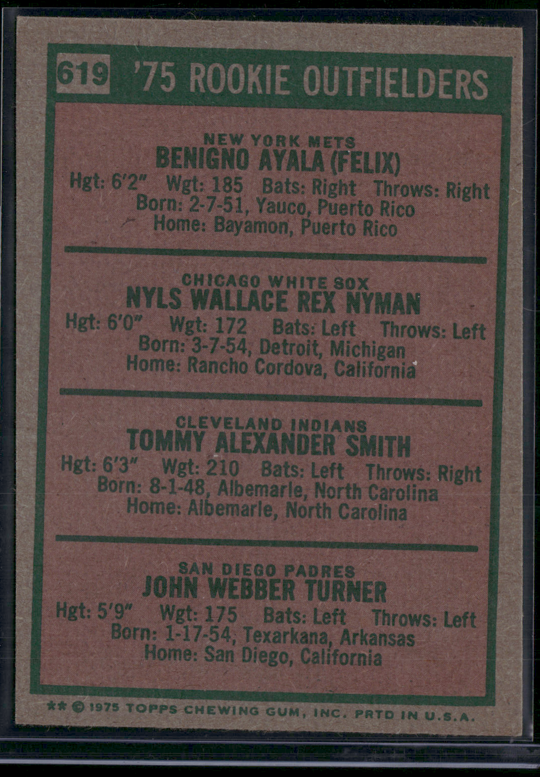 1975 Topps AYALA/NYMAN/SMITH/TURNER #619 1975 RookieOutfielders Miscut(EX-EX/MT)