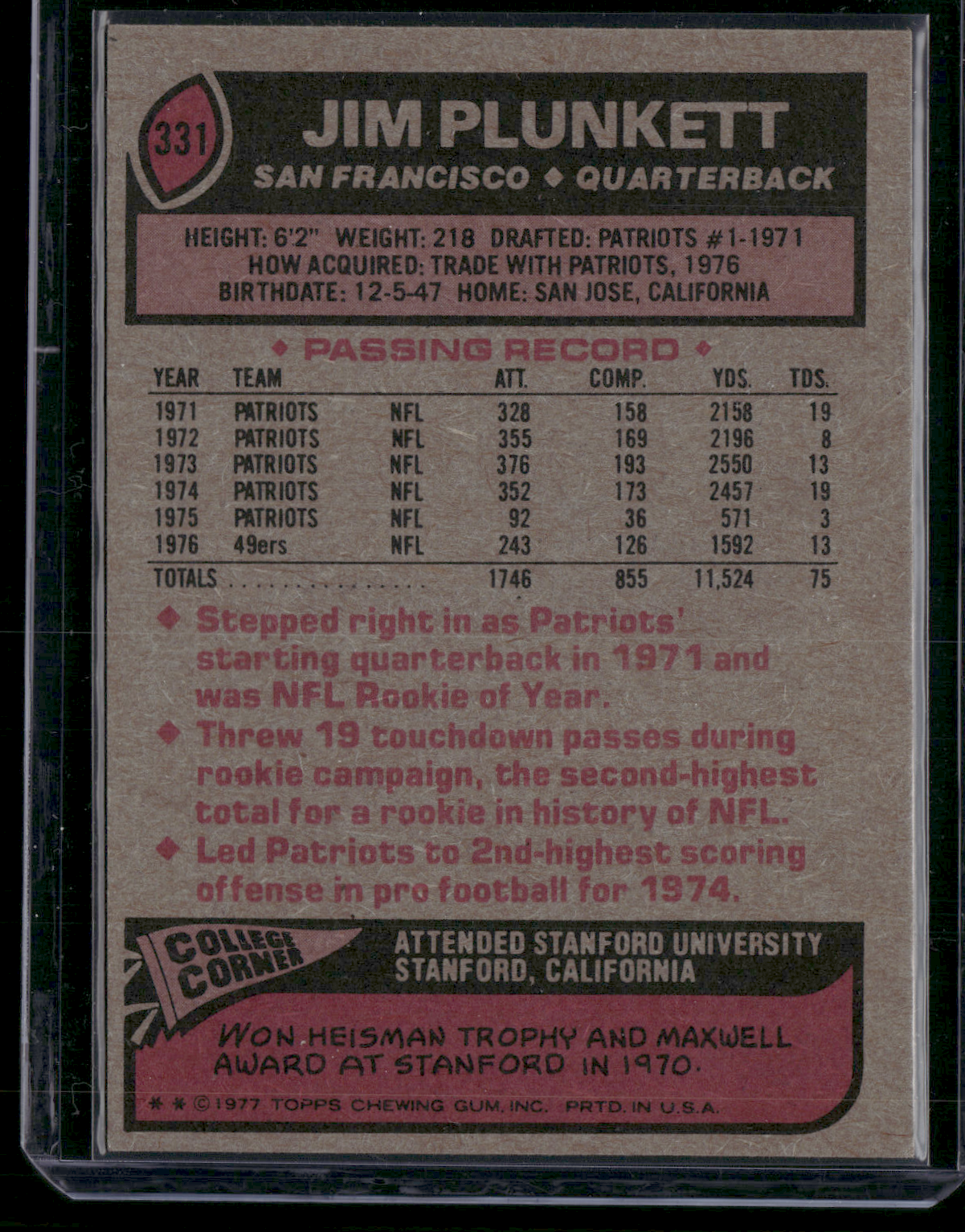 1977 Topps JIM PLUNKETT #331 (EX)