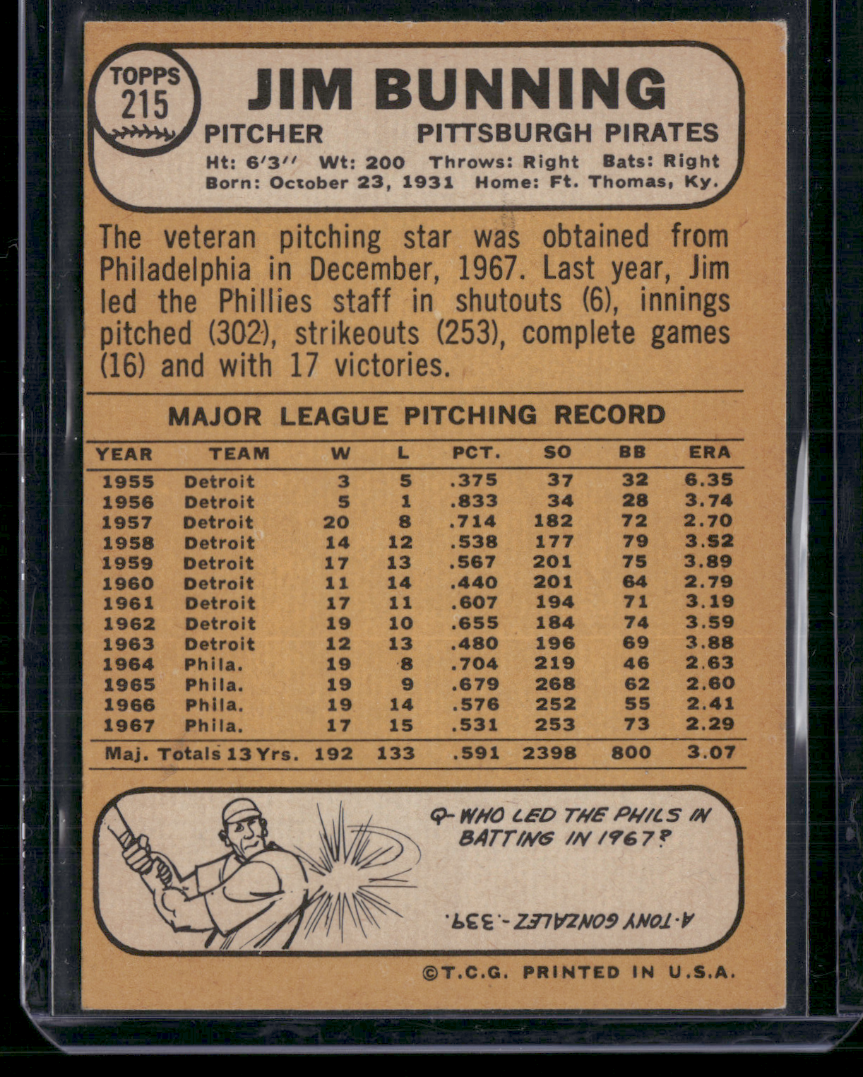 1968 Topps JIM BUNNING #215