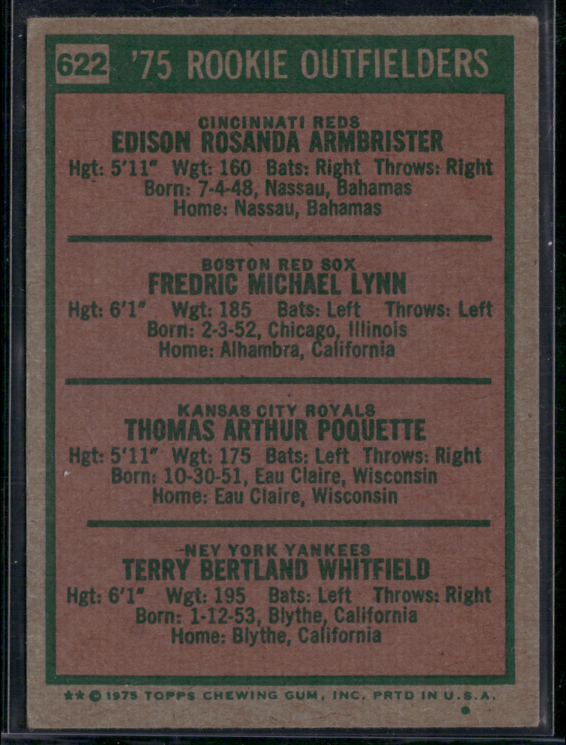 1975 Topps FRED LYNN #622 1975 Rookie Outfielders (VG/EX)