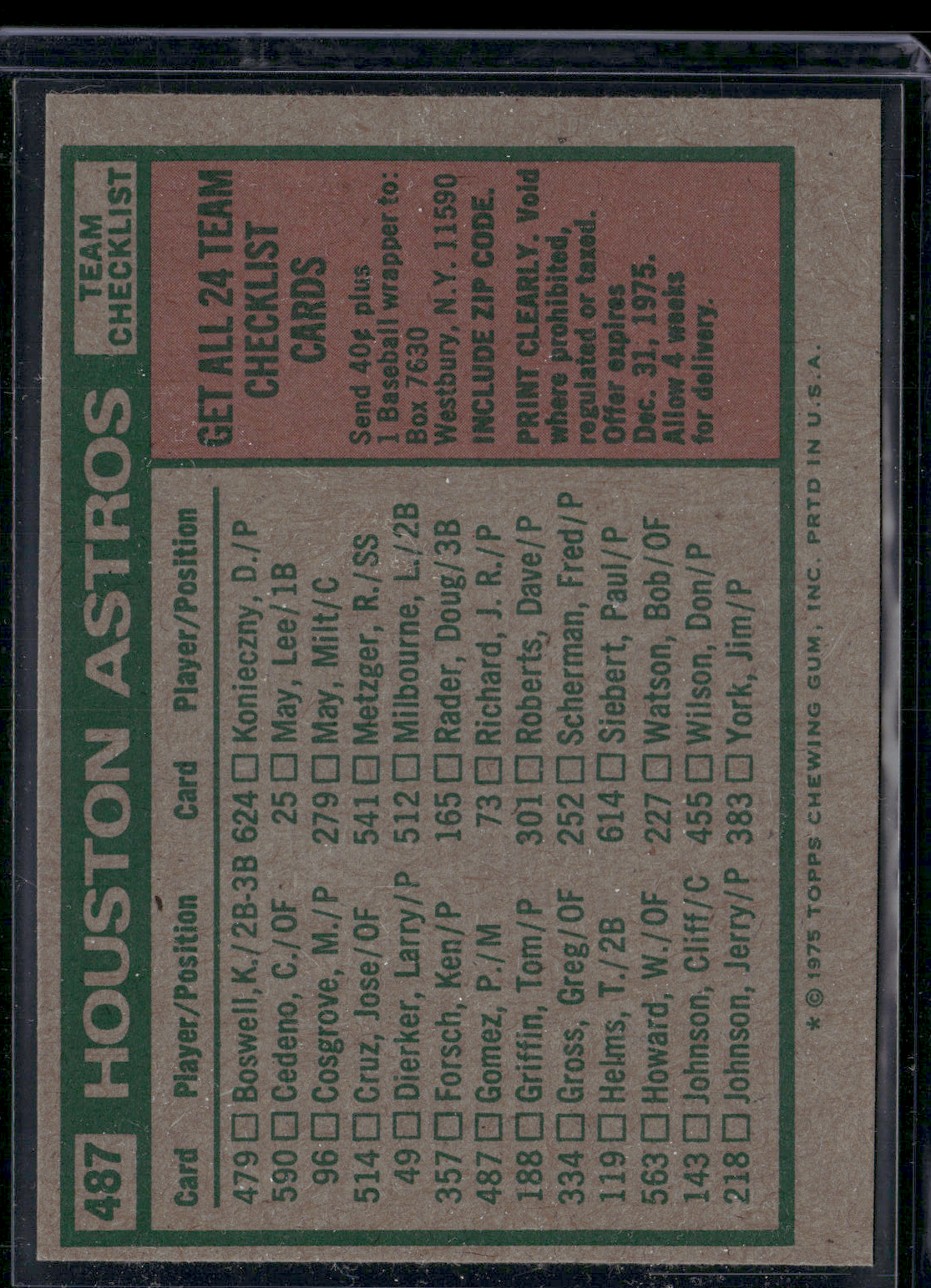 1975 Topps HOUSTON ASTROS #487 (EX-EX/MT)