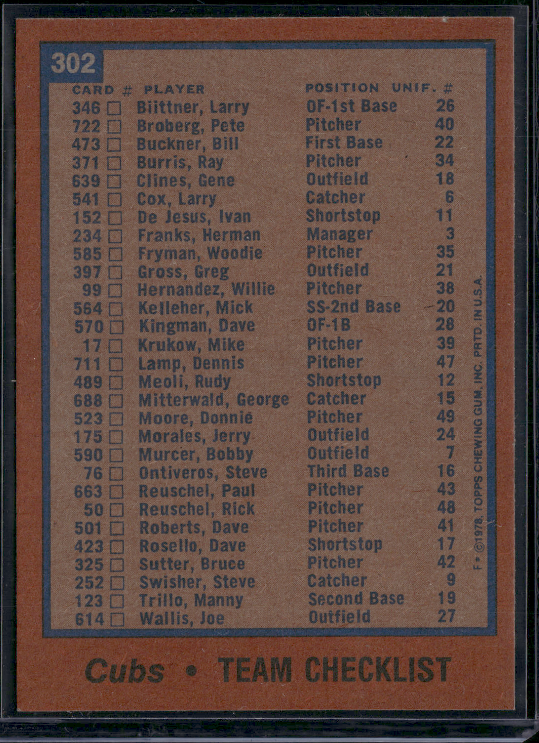 1978 Topps CHICAGO CUBS #302 (EX-EX/MT)