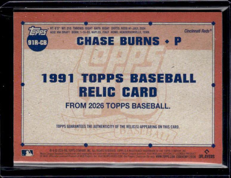 2026 Topps Series 1 CHASE BURNS #91R-CB 1991 Topps Relic Rookie RC