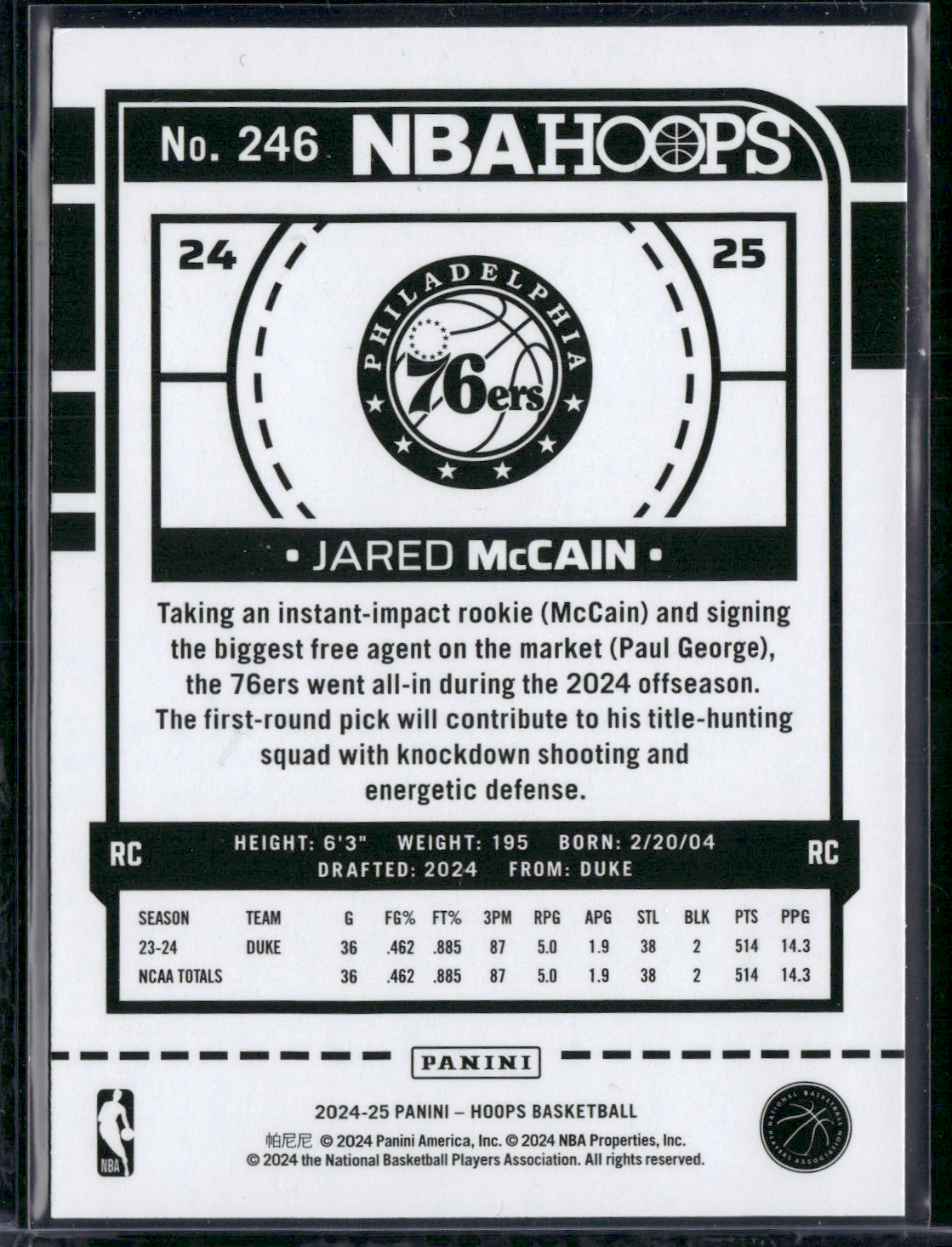 2024 NBA Hoops JARED MCCAIN #246 Rookie