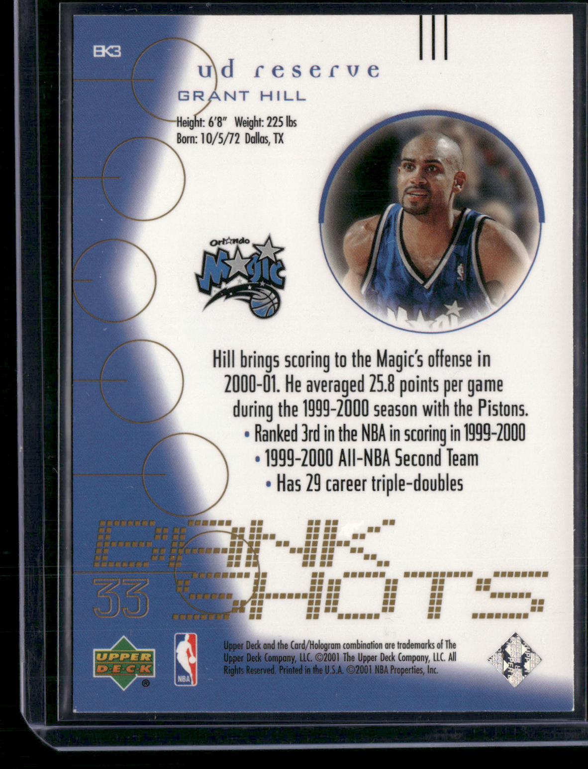 2001 Upper Deck GRANT HILL #BK3 Bank Shots Refractor (NM)